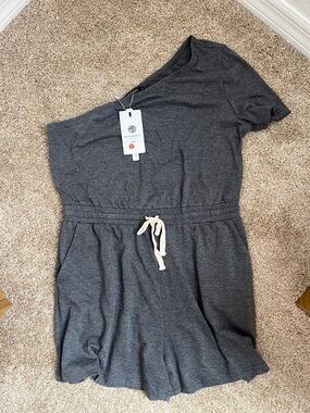 One-Shoulder Charcoal Romper with Drawstring